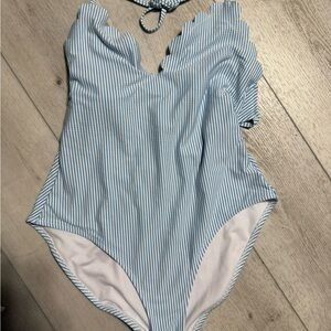 Blue Striped One-Piece Swimsuit.  Only worn once in good condition and very cute